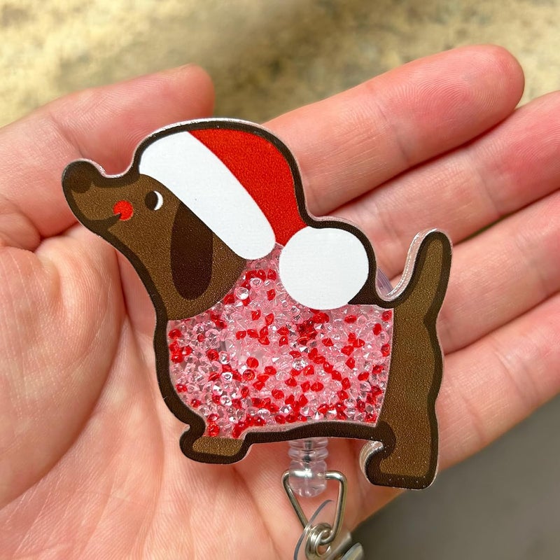 Bydevia Christmas Dachshund Shaker Badge Reel Retractable, Cute Wiener Dog Badge Reel for Nurse Nursing Student RN MA CNA Medical Worker & Teacher, Funny Nurse Gifts Holiday Badge Holder with Alligator Clip - Image 3